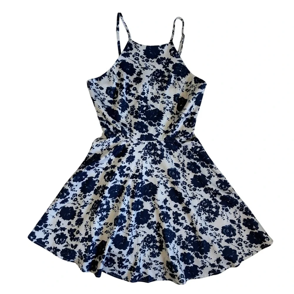Lulus Navy‎ Blue White Floral High Neck Skater Dress LD9225Y Womens Medium